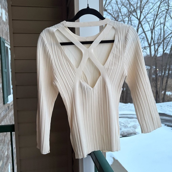 🆕7 For All Mankind Cream Ribbed Knit Top Open Back Cutout Stretchy Casual Size L - Picture 5 of 17